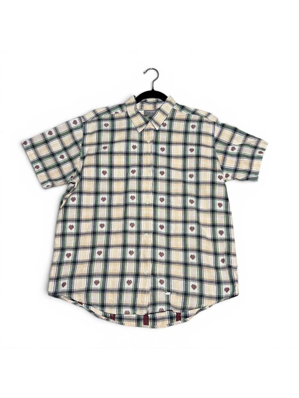 Vintage Plaid Short Sleeve Button-Up Shirt with Heart Pattern - Picture 1 of 4